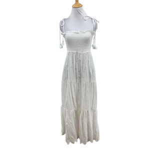 Robin Piccone Dress Women XS Extra Small White Eyelet Smocked Tiered Tassel Midi